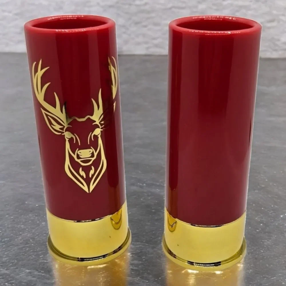 Gift Box Set 12 Gauge Shotgun Shell Red Shot Glasses Gold Deer Novelty Barware
